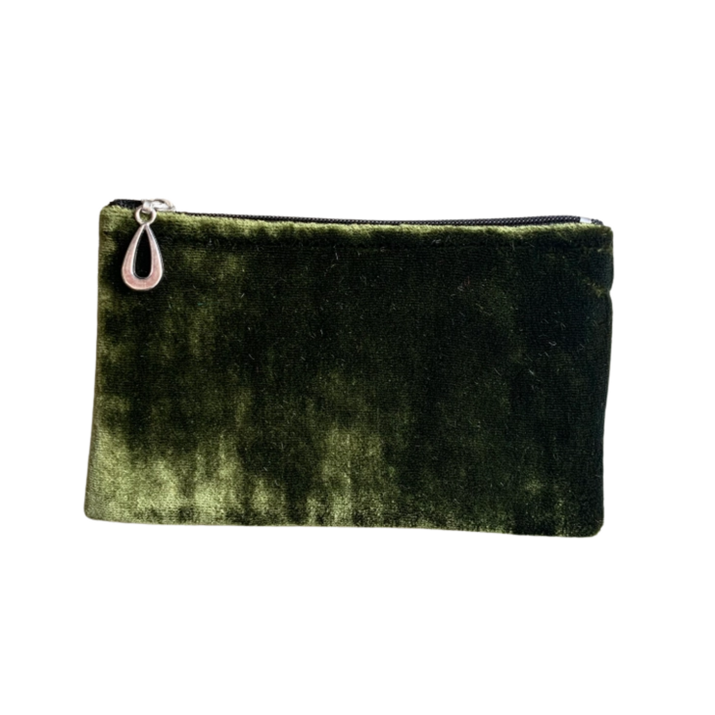 Small silk velvet pouch in pine green with zip top and teardrop zipper pull.