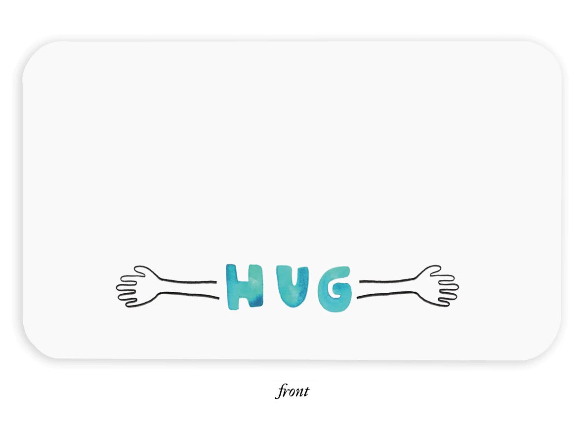 White note card with rounded corners and teal 'HUG' between hand icons
