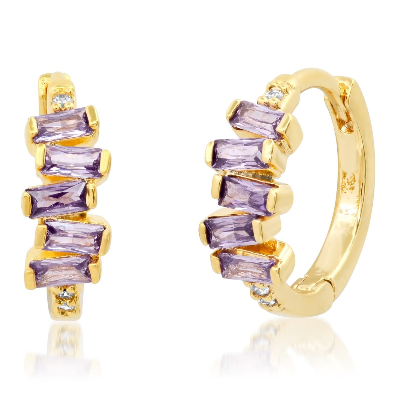 Gold-tone stacked baguette huggie earrings with lavender baguette stones and tiny clear accents