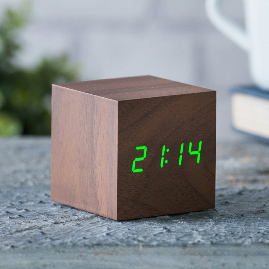 Walnut cube click clock with green LED display showing 2:14