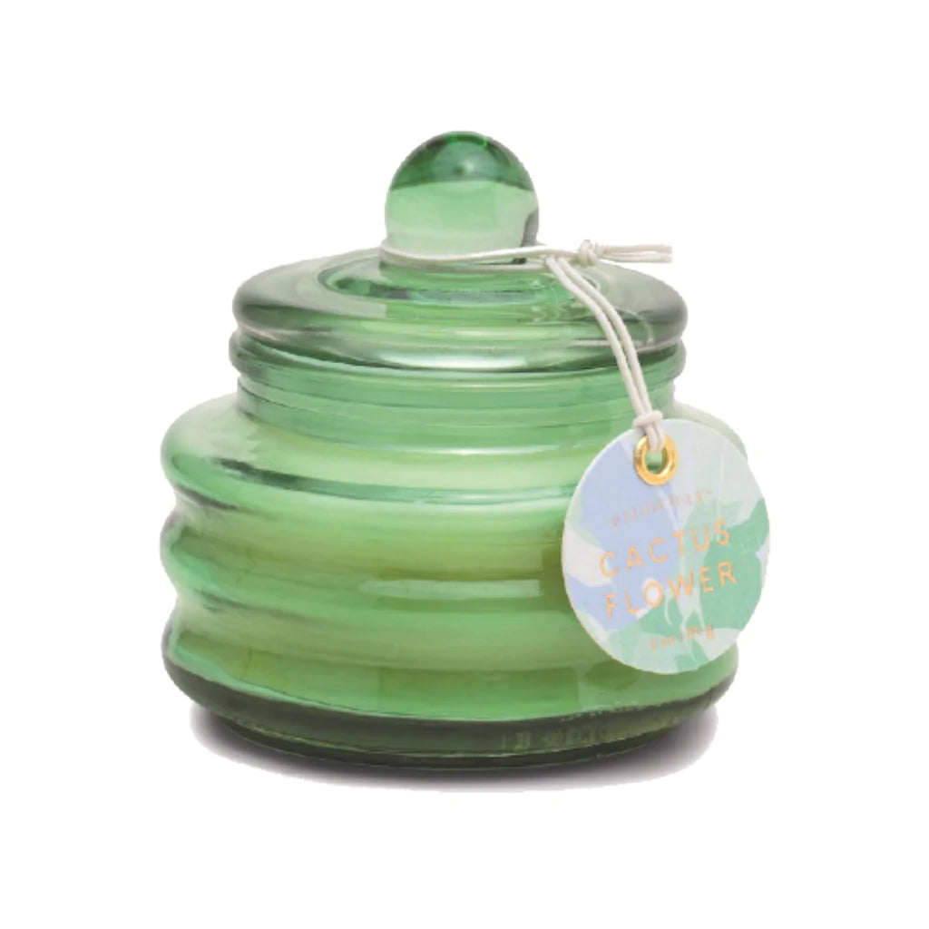 Beam candle in green glossy glass jar with round lid and hanging scent tag