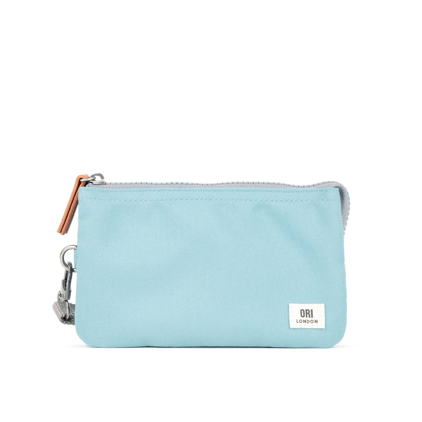 Medium recycled canvas zipper pouch, light blue with front patch and zipper pull
