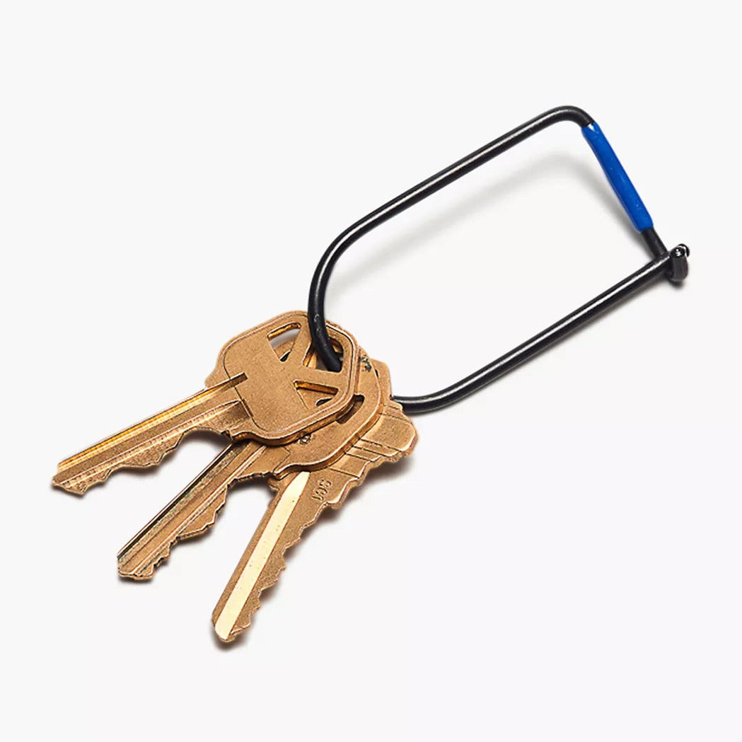 Black keyring with four keys and a U-shaped loop, blue end cap