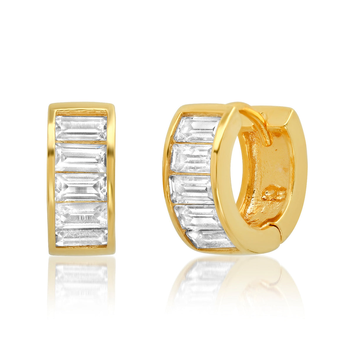 Gold-tone huggie hoop earrings with baguette CZ stones, front view pair