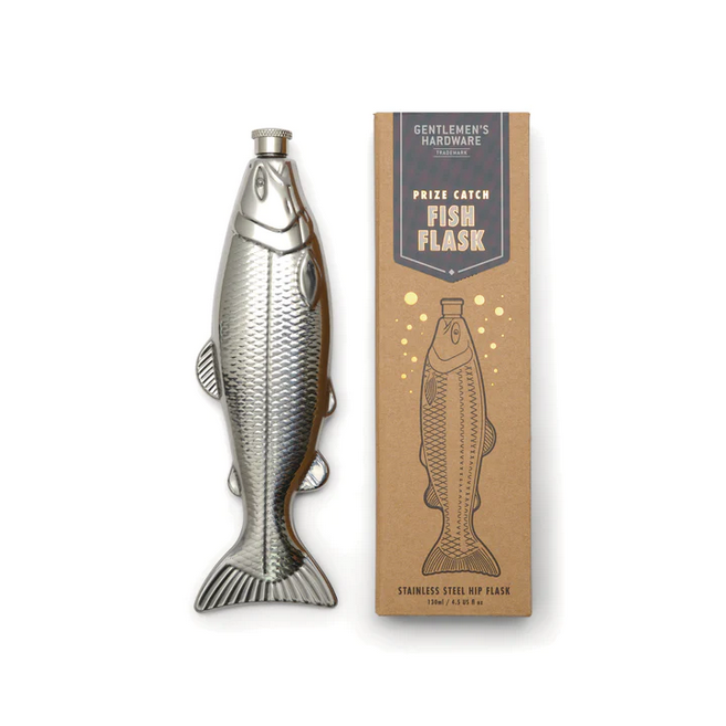 Silver fish hip flask with textured scales and screw cap