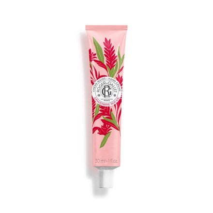 Hand and nail cream tube, pink with red ginger botanical print, 1 oz