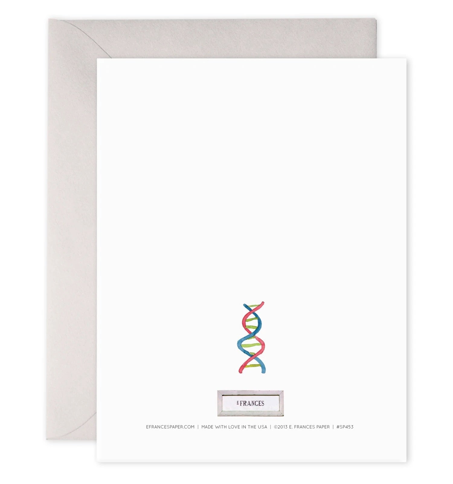 Gene-themed greeting card with colorful DNA helix on gray pedestal
