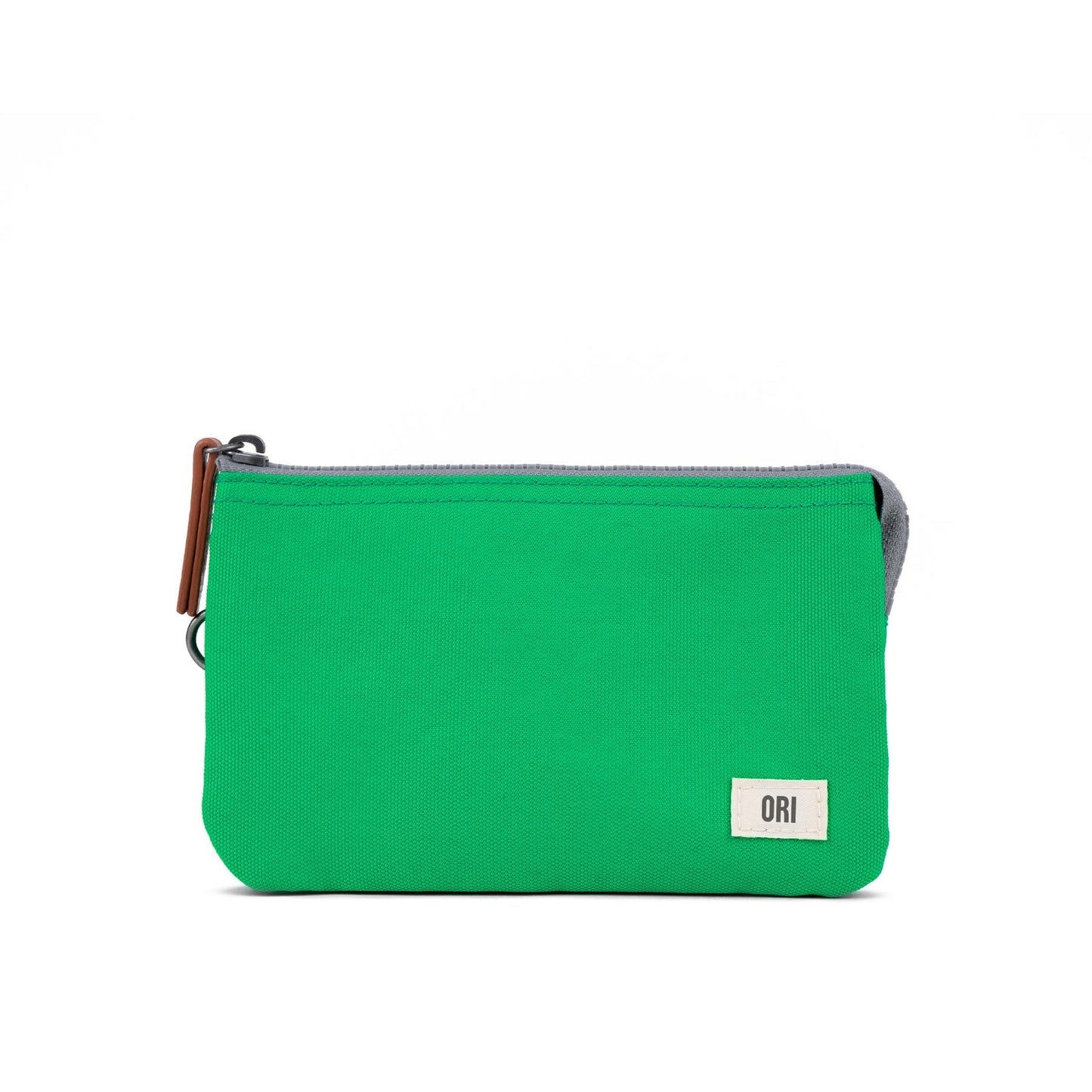 Medium recycled canvas zipper pouch, bright green with front patch and zipper pull