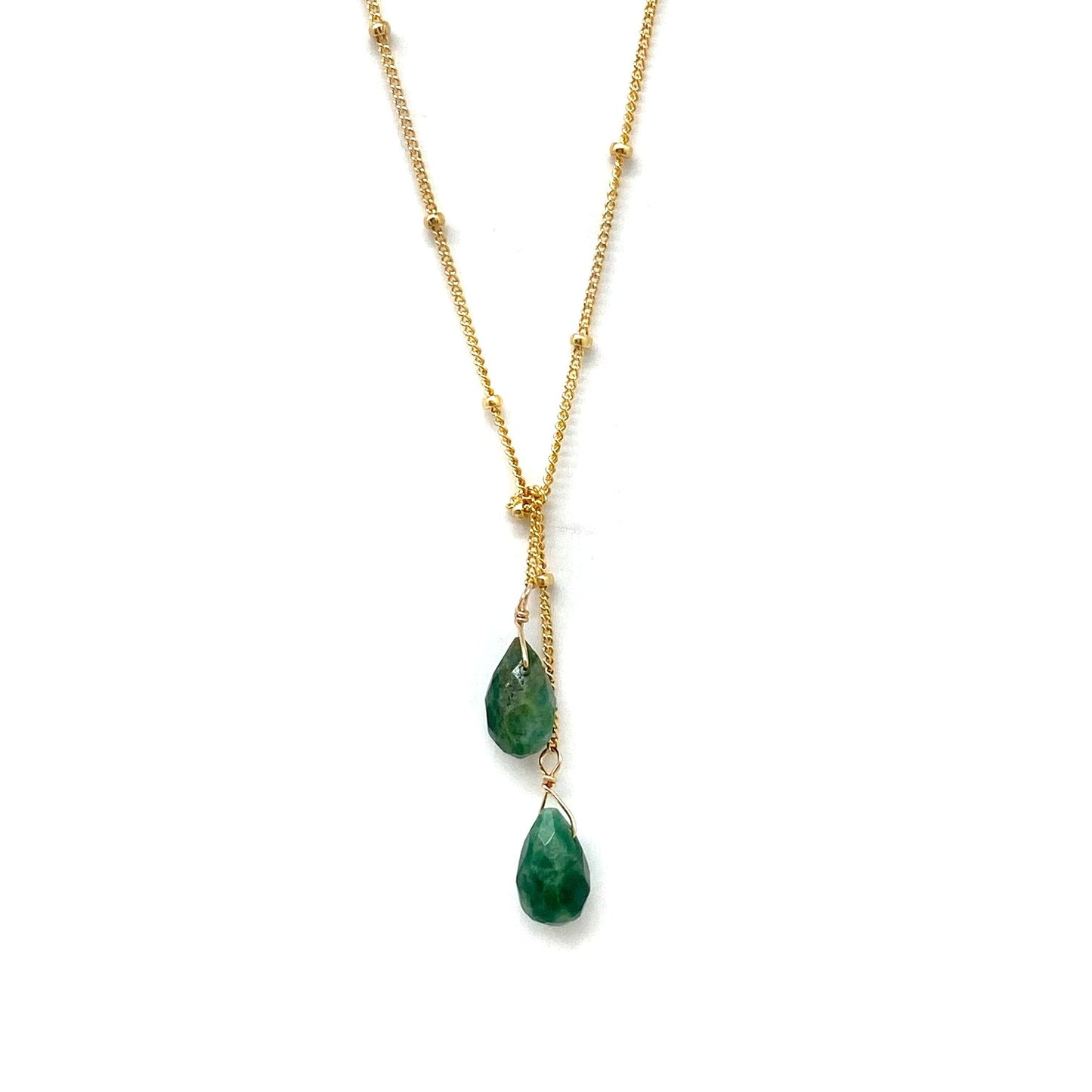 Gold-filled lariat necklace with two dark green teardrop stone drops