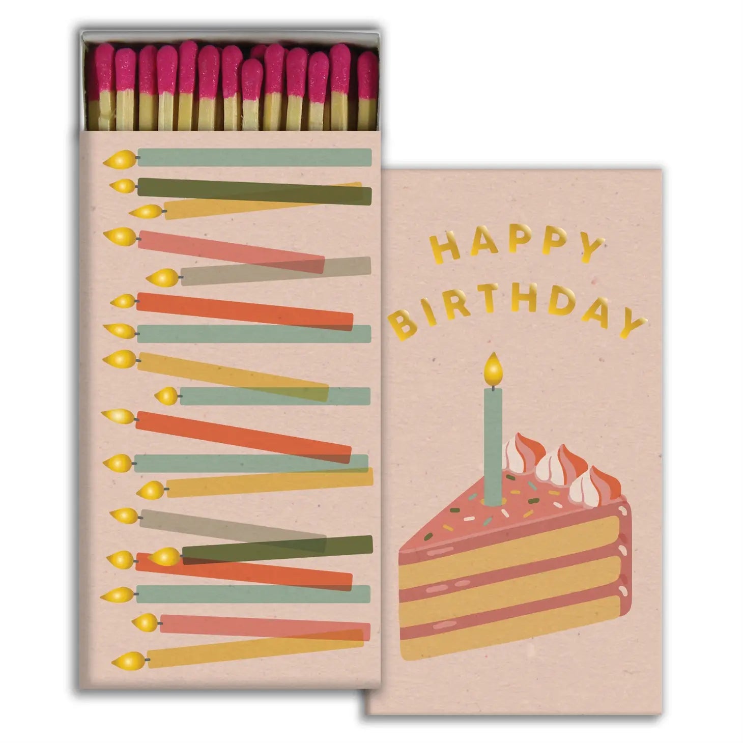 Birthday greeting card with happy birthday cake and long matches in a sleeve