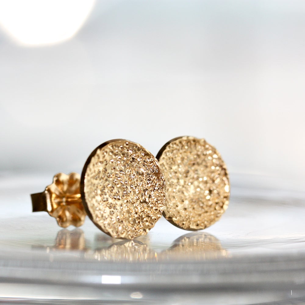 Gold vermeil diamond-dusted dot stud earrings, round sparkly discs