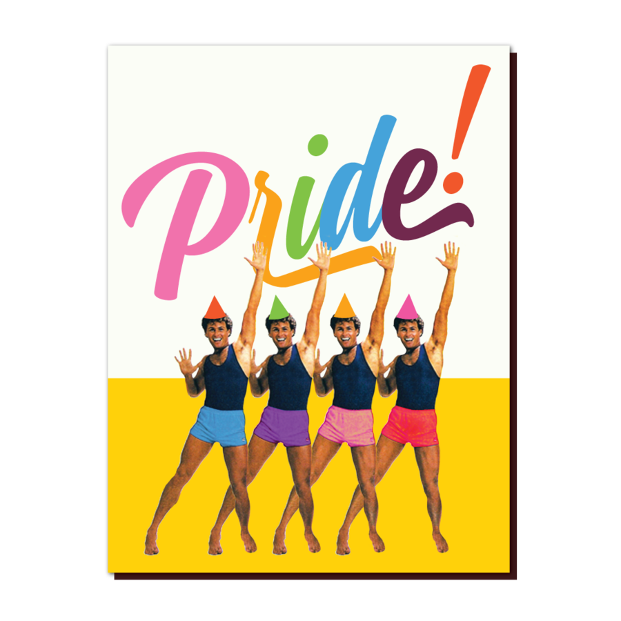 Pride poster with colorful text and four dancers with raised arms