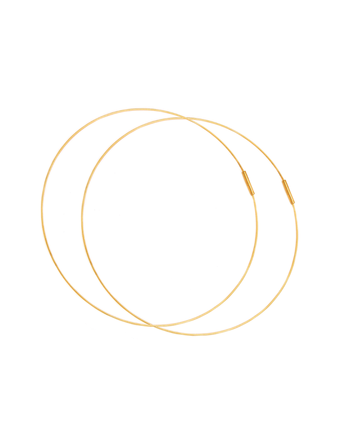Pair of large gold hoop earrings, smooth circular hoops with small clasp detail