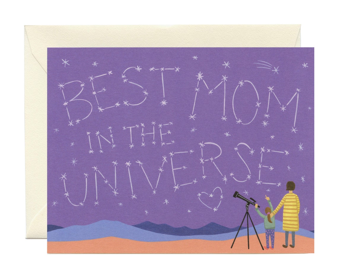 Universe Mom greeting card with purple space design, stars, and telescope illustration