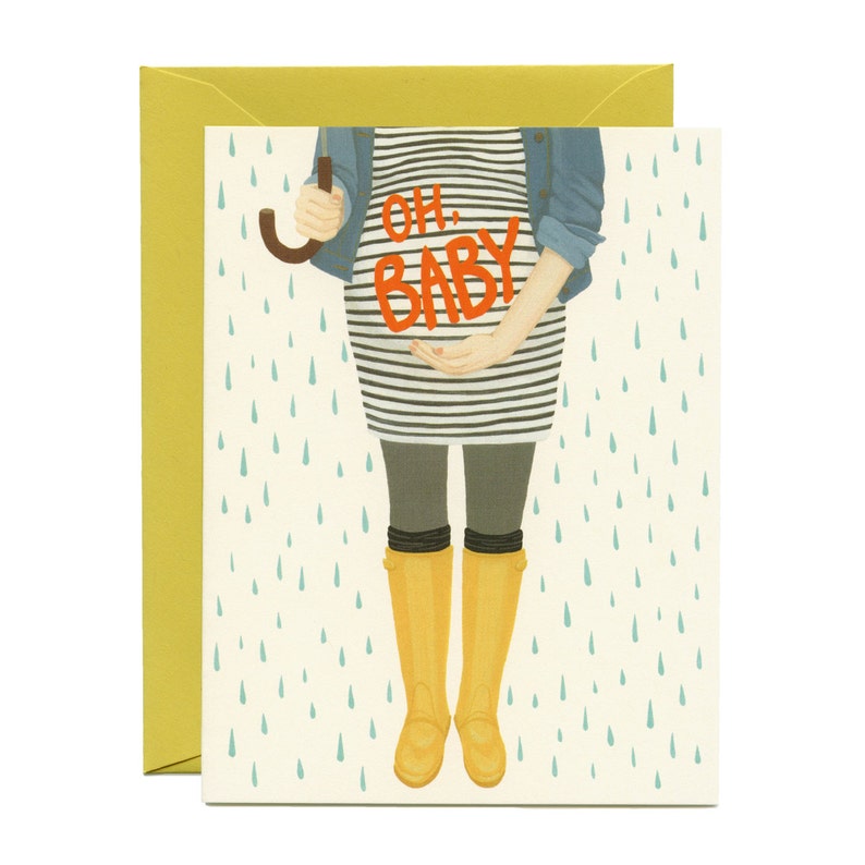 Greeting card with striped outfit, boots, and 'OH BABY' lettering