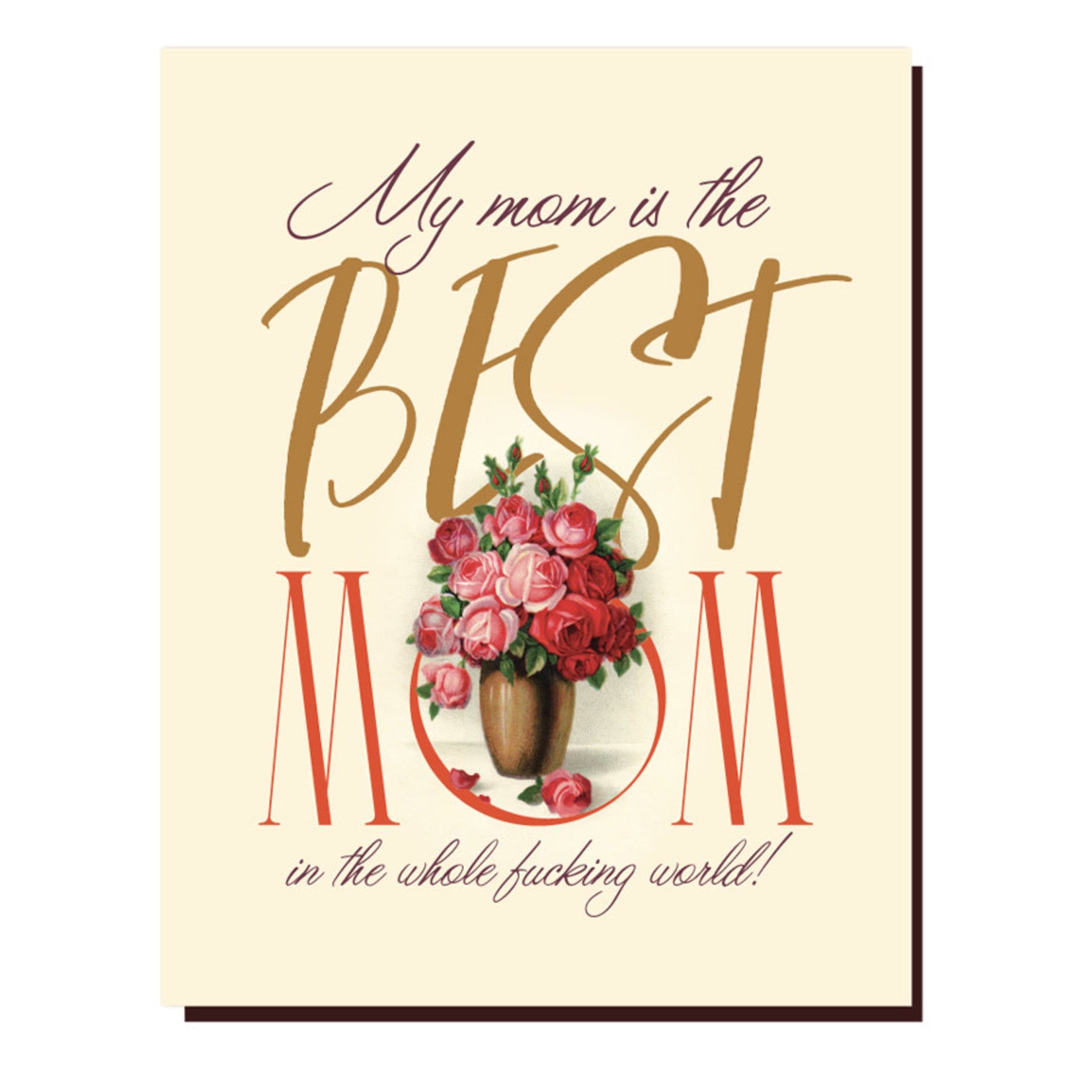 Greeting card with vase of pink roses and message "My mom is the best".