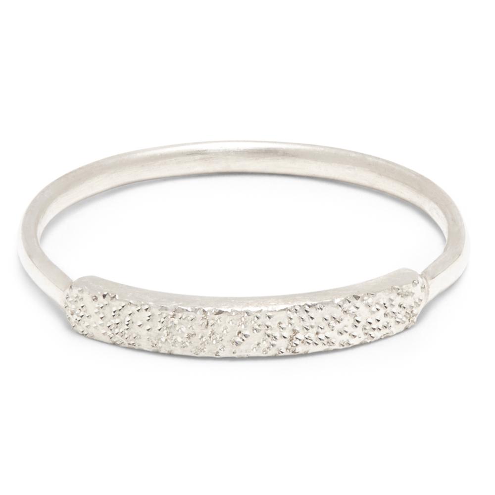 Sterling silver narrow ring with diamond-dust textured front band, open view